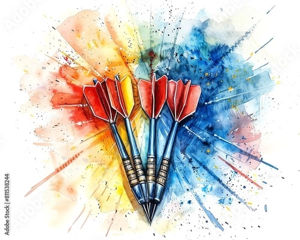 Fototapeta Watercolor painting of three darts hitting the center of a dartboard. The darts are red, yellow, and blue. The dartboard is surrounded by a colorful explosion of paint.