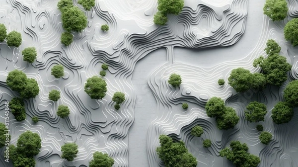 Fototapeta A minimalist, high-angle 3D terrain model showing the low and low elevations of the area. There are trees as elements.