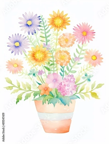 Fototapeta Watercolor painting capturing a bouquet of delicate spring flowers in soft pastel colors, beautifully arranged in a rustic pot.