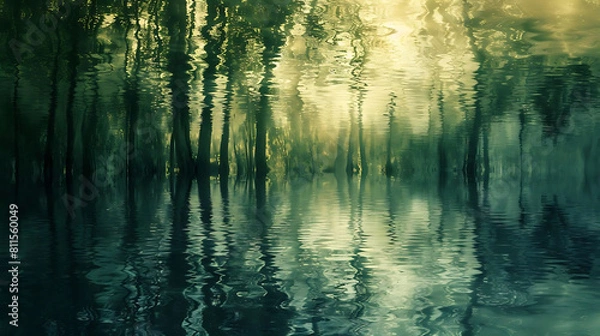 Fototapeta abstract water movement amidst forest silence, with a lone tree standing tall in the foreground