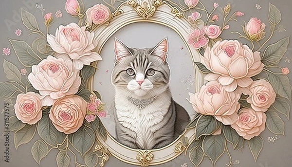 Obraz 花に囲まれたフレームの中の猫