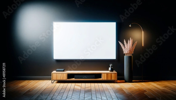 Fototapeta A modern living room interior with a large blank white display on a dark wall, wooden floor, furniture, and decorative plants, for a mockup concept. Generative AI