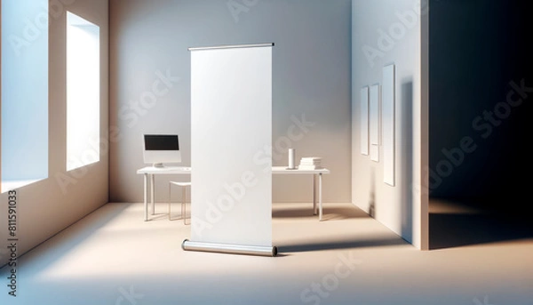 Fototapeta Modern office interior with blank roll-up banner, empty frames, and desk with computer, on a light background, concept of advertising space. Generative AI