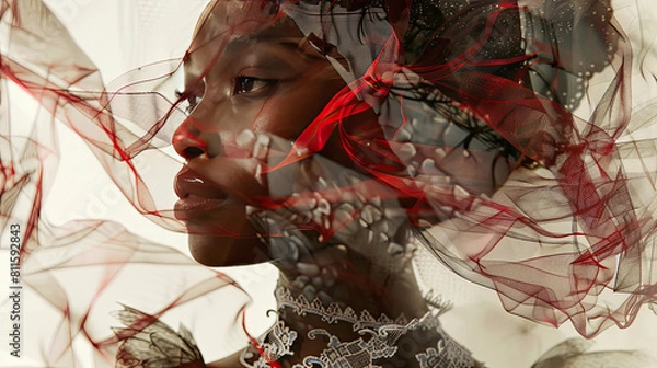 Fototapeta A close-up portrait of a black woman's face. She is wearing a red and white headscarf and a silver necklace. The image is very soft and ethereal.