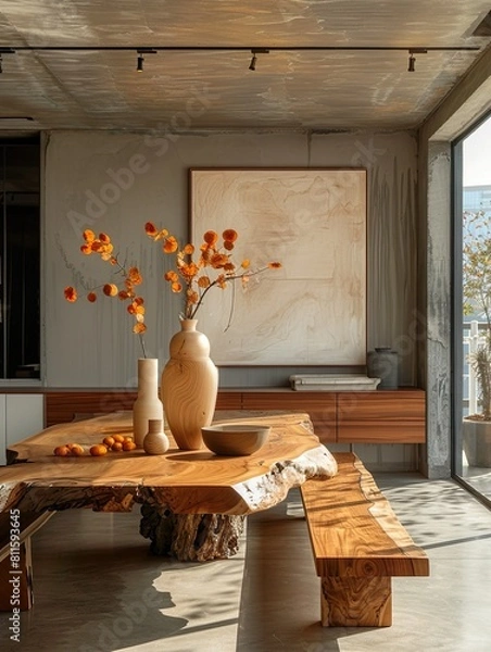 Fototapeta Modern dining room featuring a live edge dining table and a wooden bench