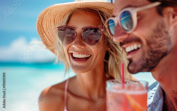 Obraz Cheerful couple enjoying drinks on a sunny beach