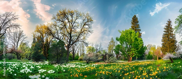 Obraz Panoramic landscape with multicolor spring flowers Scenic Floral Panorama in Spring
