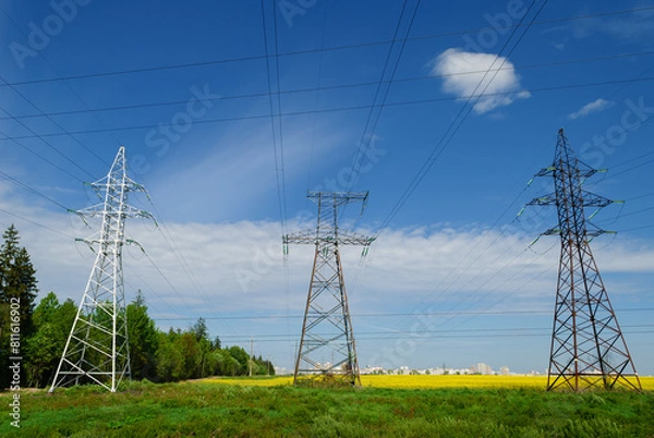Obraz power lines field spring sky beautiful view landscape clouds dangerous area