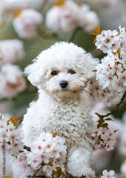 Fototapeta A small white dog sitting in a cherry blossom tree.