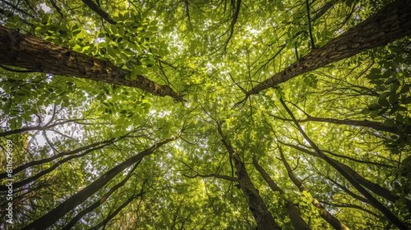 Fototapeta Photo of Trees in forest from below, green tops of trees, blue sky background. Generative AI
