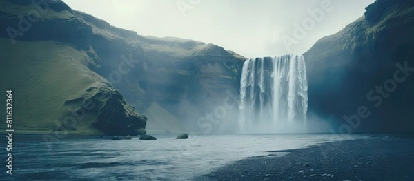 Fototapeta Scenic waterfall in front of a beautiful landscape, created with AI