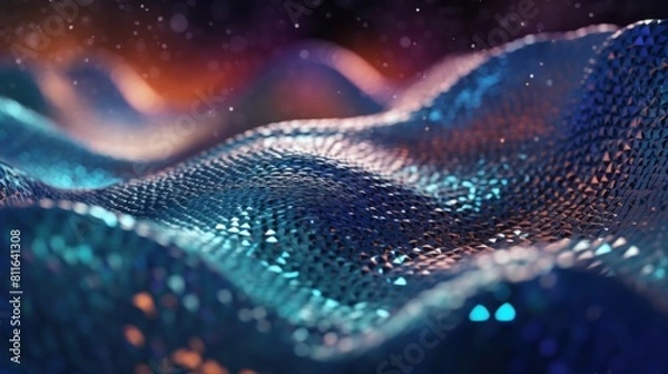 Fototapeta Three-dimensional waves made of geometric grid. The structure shimmers in blue and purple, creating a stunning and futuristic visual effect