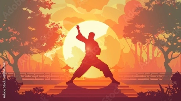 Fototapeta A Tai Chi session at sunrise, set in a tranquil park with geometric patterns symbolizing the balance of Yin and Yang