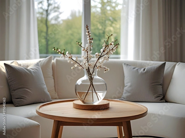 Fototapeta Round glass vase with blossom twigs on round wooden coffee table near white sofa with pillows against window. Minimalist scandinavian home interior design of modern living room.Selective focus concept