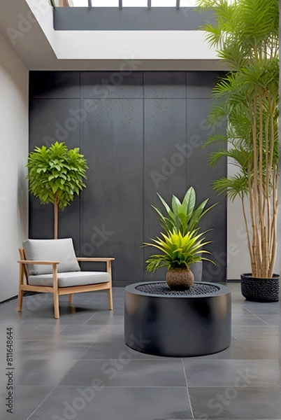 Fototapeta Simple interior courtyard with white armchair against a white wall and indoor plants standing corners. Black tile floor and plant pots on black round coffee table. Portrait image in 3D render style.