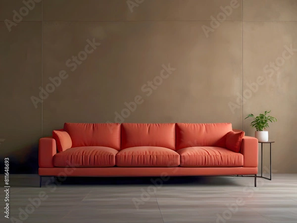Fototapeta interior design of a modern living room combines urban chic with a red sofa against a blank brown stucco wall with copy space. comfort and functionality living.