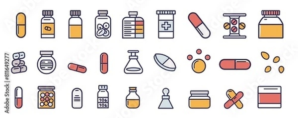 Obraz Pharmacy and medication icon set with pills, prescription bottles, and pharmacist, designed with clear, simple outlines