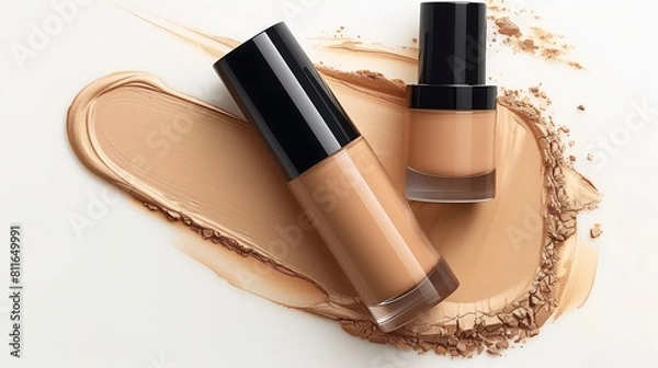 Fototapeta photograph of bottle of concealer, on a light background, with skin color manicure without varnish, editorial, without shadows
