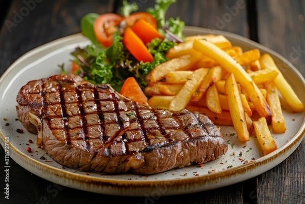 Fototapeta Delicious grilled steak and fries on a plate