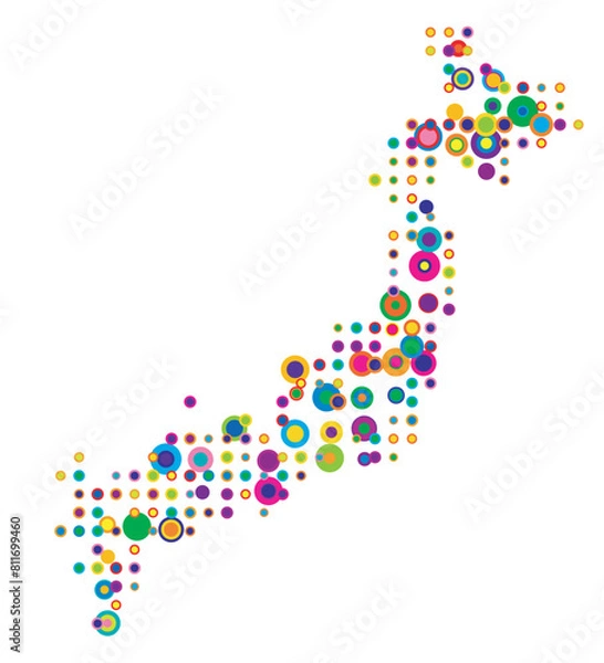 Fototapeta Abstract map of Japan drawn with overlapping colored circles like sweets or candies