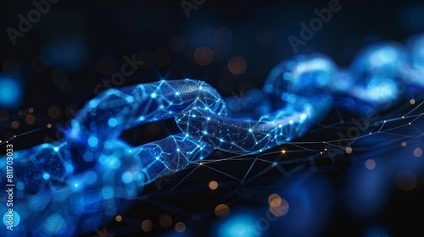 Fototapeta The image shows a glowing blue chain of digital blocks representing blockchain technology.