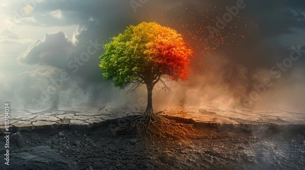 Fototapeta The image shows a tree with green, yellow, orange and red leaves. The sky is cloudy and there is a storm in the background. The tree is rooted in a solid ground.