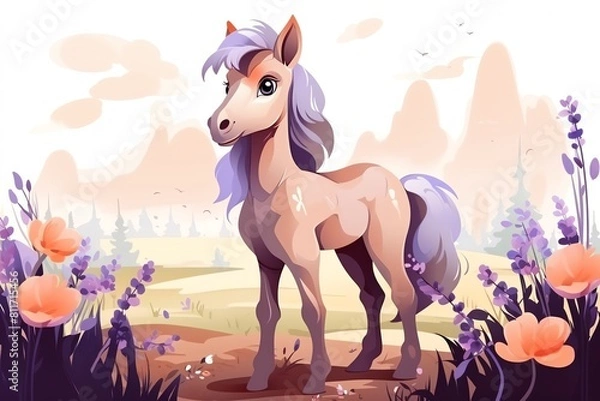 Fototapeta A beautiful unicorn stands in a field of flowers