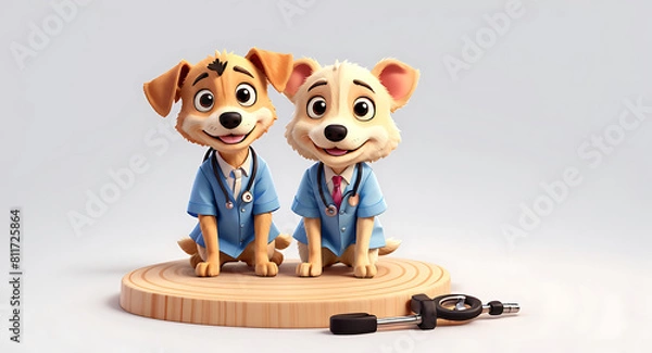 Fototapeta A cute doctor dog wearing doctor's dress with a stethoscope on a plain white background with copy space, puppies