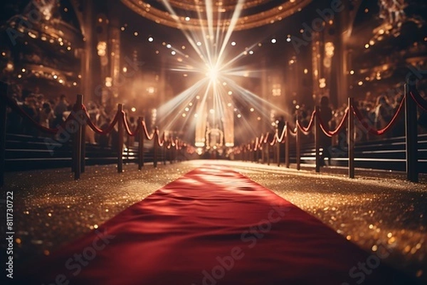 Fototapeta Red carpet on a stage illuminated by a spotlight. 3d rendering