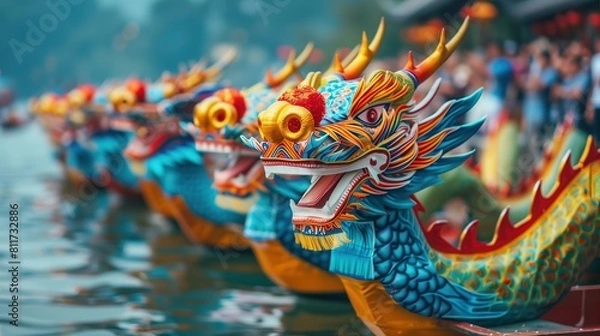 Fototapeta Chinese dragon boats lined up on the river, decorated with colorful painted heads and horns of dragons