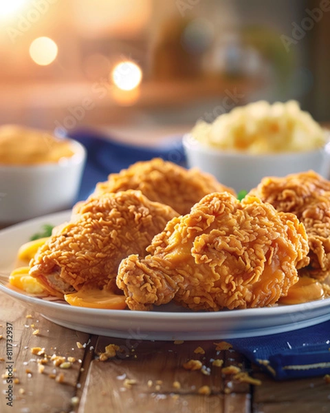 Fototapeta Golden Fried Chicken in the plate on the table with mash potato blurred in the background