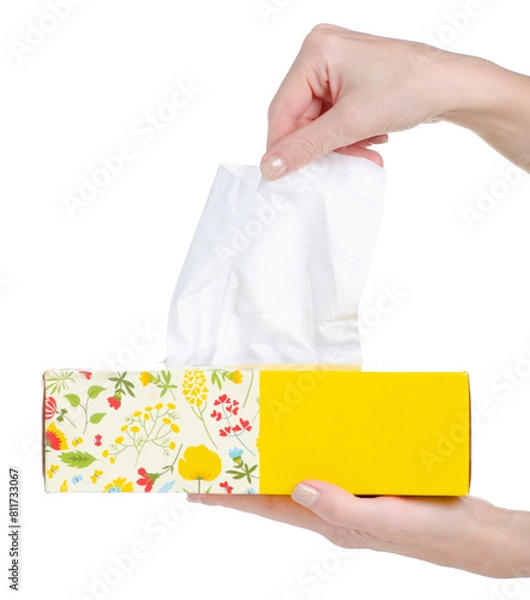 Obraz Yellow pack box of wipes paper tissue in hand on white background isolation