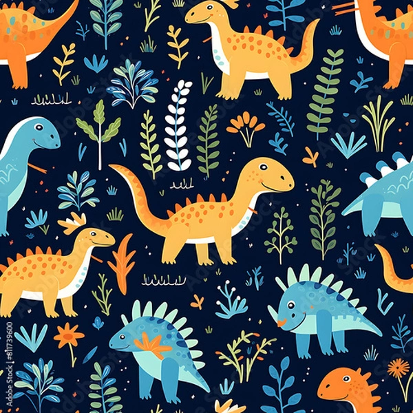 Fototapeta Kids drawing dinosaurs digital art seamless pattern, the design for apply a variety of graphic works