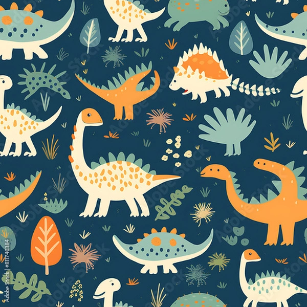 Fototapeta Kids drawing dinosaurs digital art seamless pattern, the design for apply a variety of graphic works