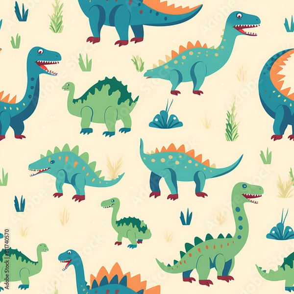 Fototapeta Kids drawing dinosaurs digital art seamless pattern, the design for apply a variety of graphic works