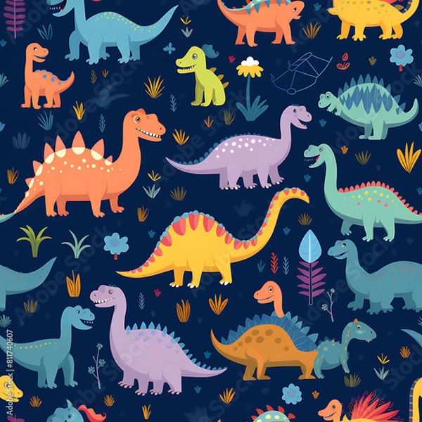 Fototapeta Kids drawing dinosaurs digital art seamless pattern, the design for apply a variety of graphic works