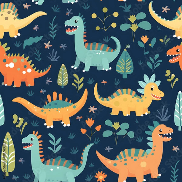 Fototapeta Kids drawing dinosaurs digital art seamless pattern, the design for apply a variety of graphic works