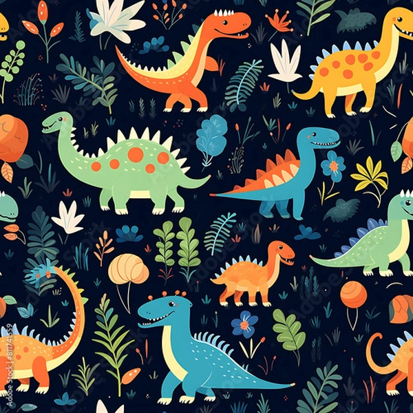 Fototapeta Kids drawing dinosaurs digital art seamless pattern, the design for apply a variety of graphic works