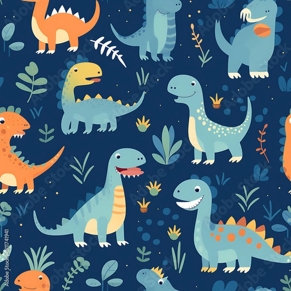 Fototapeta Kids drawing dinosaurs digital art seamless pattern, the design for apply a variety of graphic works