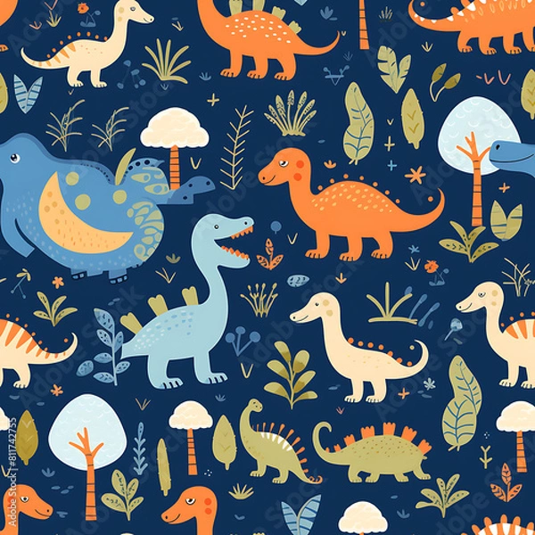 Fototapeta Kids drawing dinosaurs digital art seamless pattern, the design for apply a variety of graphic works