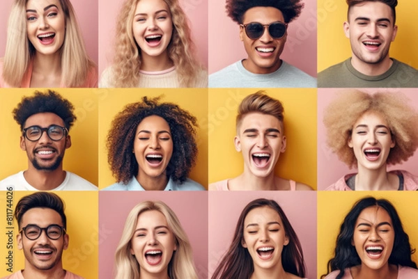 Fototapeta A diverse group of individuals displaying a range of facial expressions, including happiness, surprise, anger, and sadness