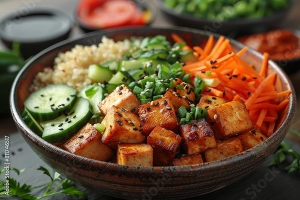 Fototapeta Vibrant and colorful tofu poke bowl with a mix of fresh vegetables, grain, and a sprinkle of seeds