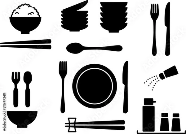 Fototapeta 食事のためのカトラリーモノクロアイコンセット　