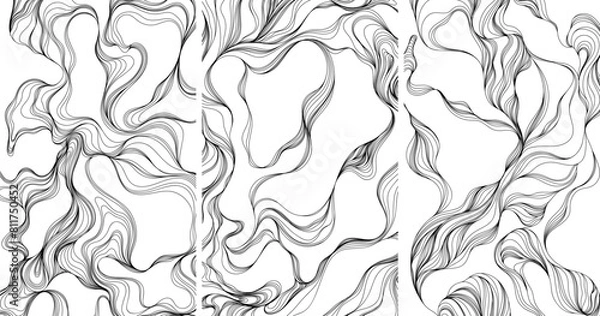 Fototapeta Hand drawn abstract illustration with wavy lines and curves collection. Isolated smoke on white background set.