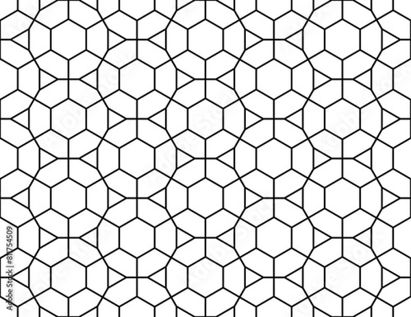 Fototapeta Contemporary repeating tessellated black outline pattern of hexagons inside 12-sided dodecagons