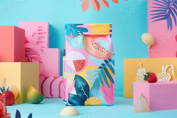 Fototapeta modern tropical fruit pattern pouches among colorful geometric blocks