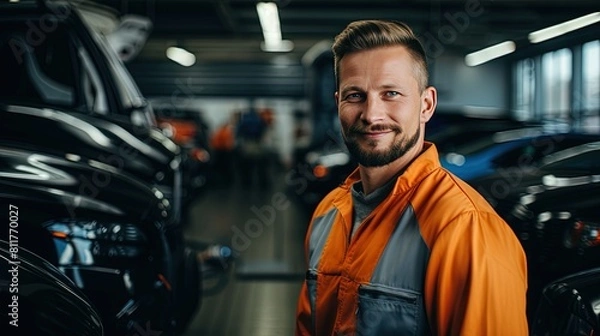 Fototapeta positive handsome Caucasian car service worker 30 years old in uniform smiling looking at the camera while in a car service center
