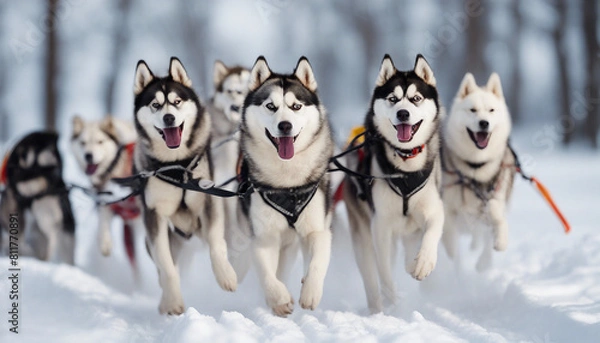 Fototapeta husky dogs pulling a dog sleds, isolated white background
