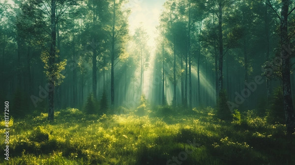 Fototapeta A forest with trees and sunlight shining through the leaves