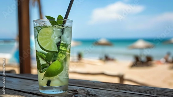 Fototapeta Mojito at a serene beach setting, offering a refreshing escape and a tropical sip of relaxation